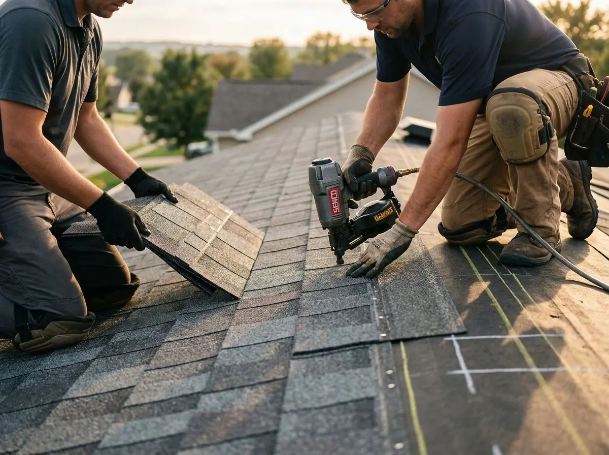 Professional roofer working on a residential roof in McKeesport